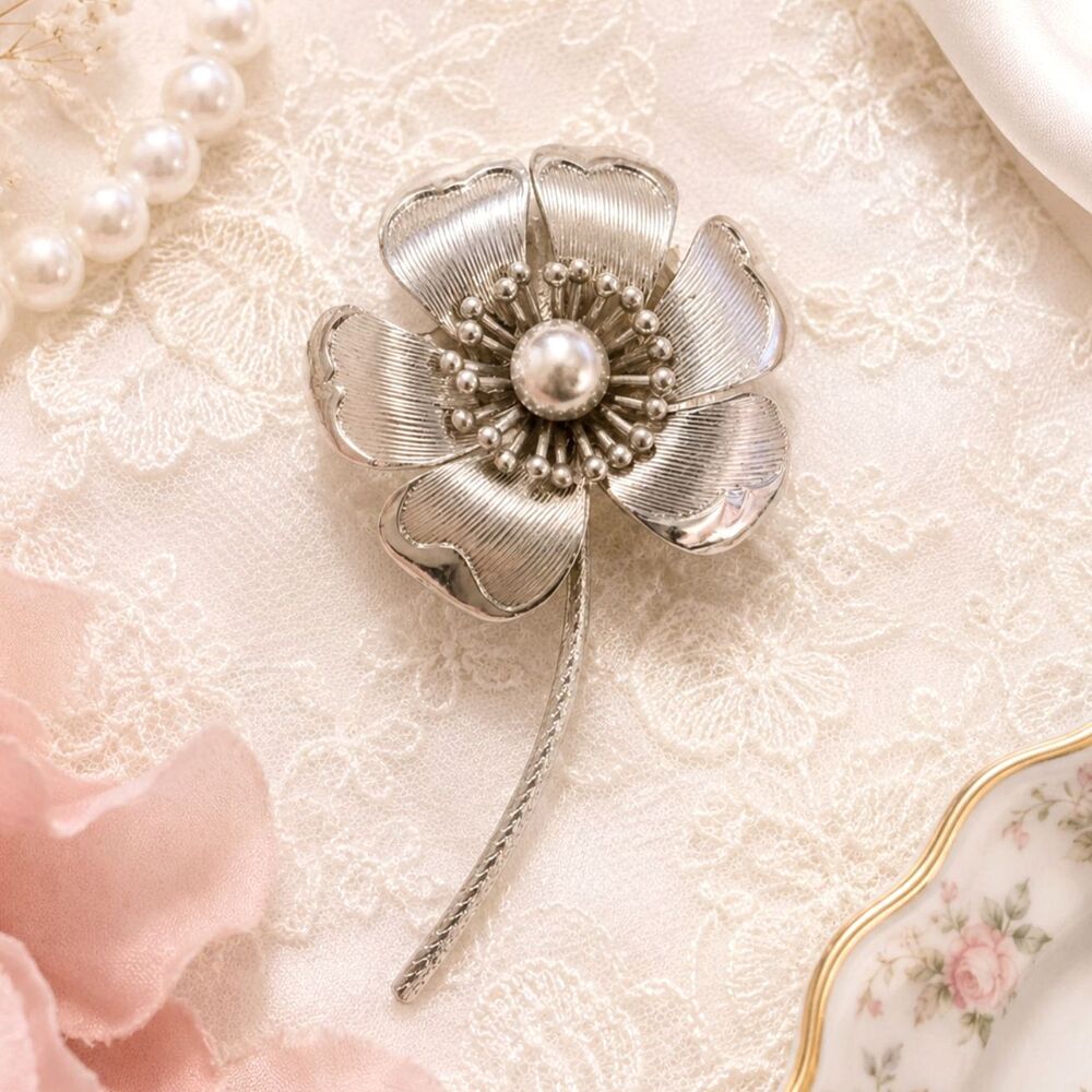 Vintage Large Silver Tone Flower Brooch
